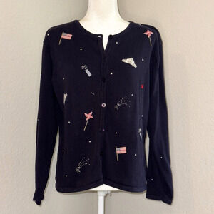 Talbots Navy Blue USA Flag Americana Patriotic Cardigan Women's Size Large